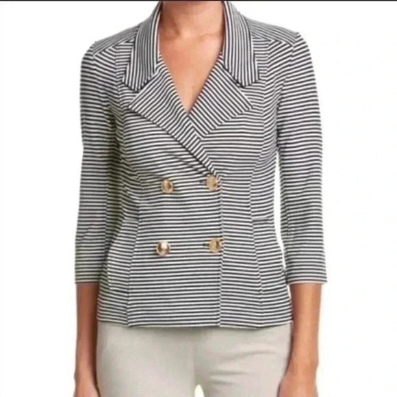 CAbi Navy Blue & White Stripe Nautical Double Breasted Gold Button Blazer Size M - Picture 1 of 12